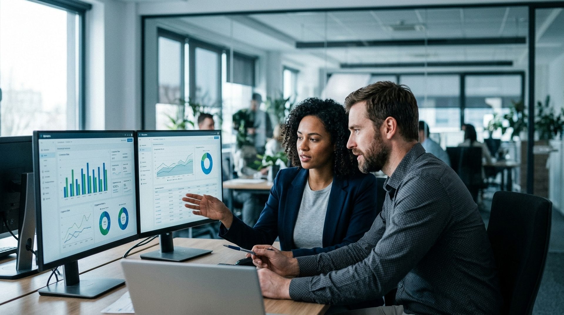 Two marketing professionals comparing PPC campaign results on dual monitors