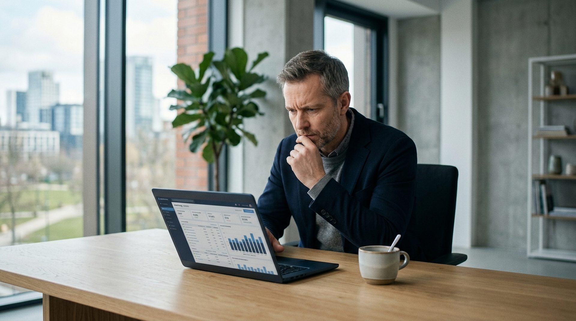Businessperson analysing advertising return metrics on a laptop