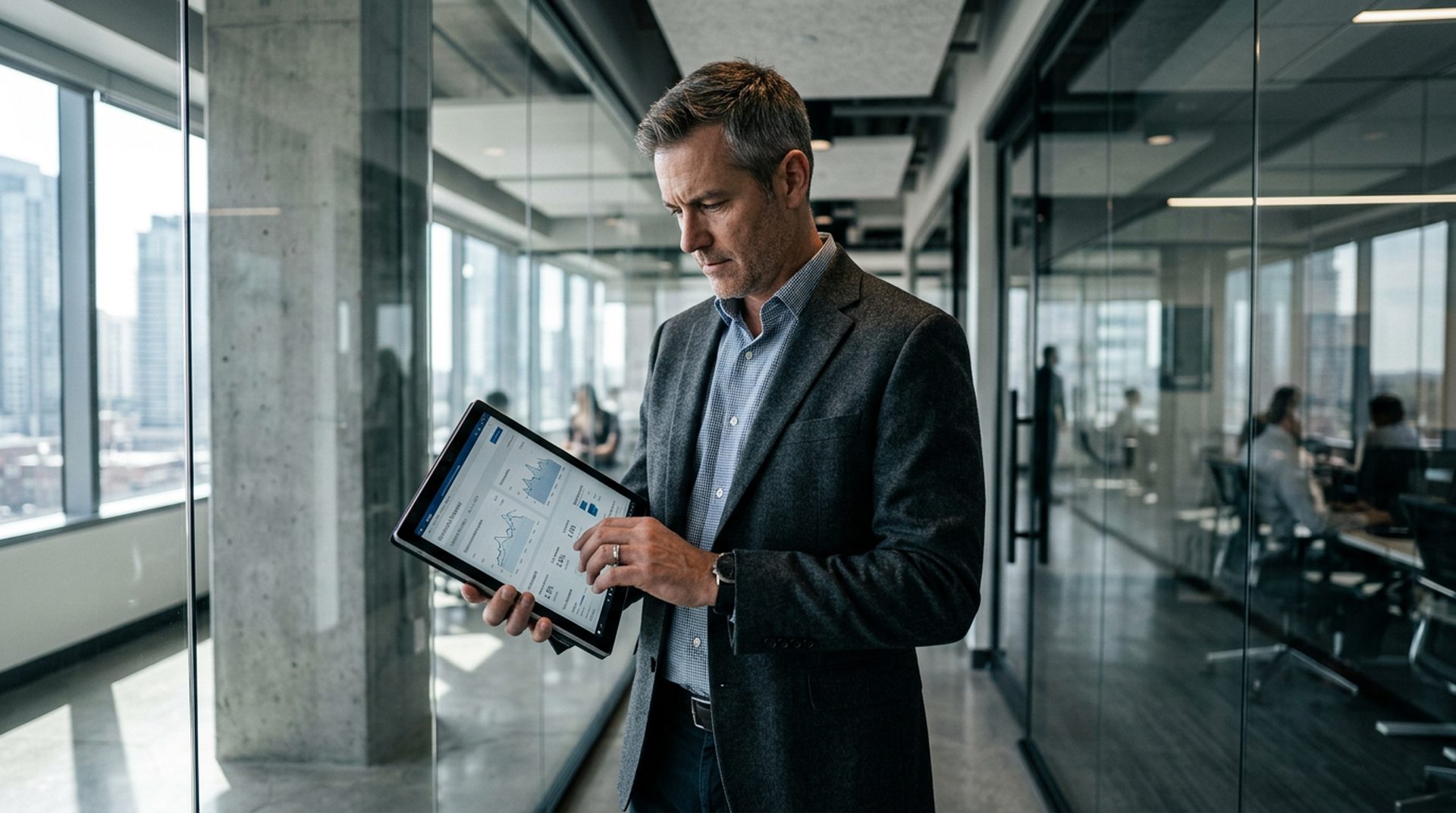 Ejecutivo analizando datos de conversión en tablet