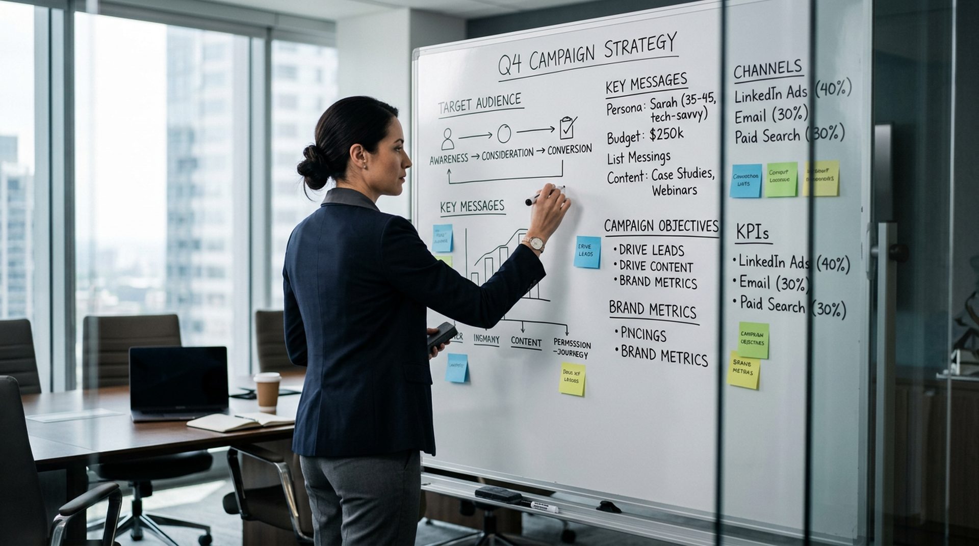 Profesional planificando estrategia de campaña SEM en pizarra