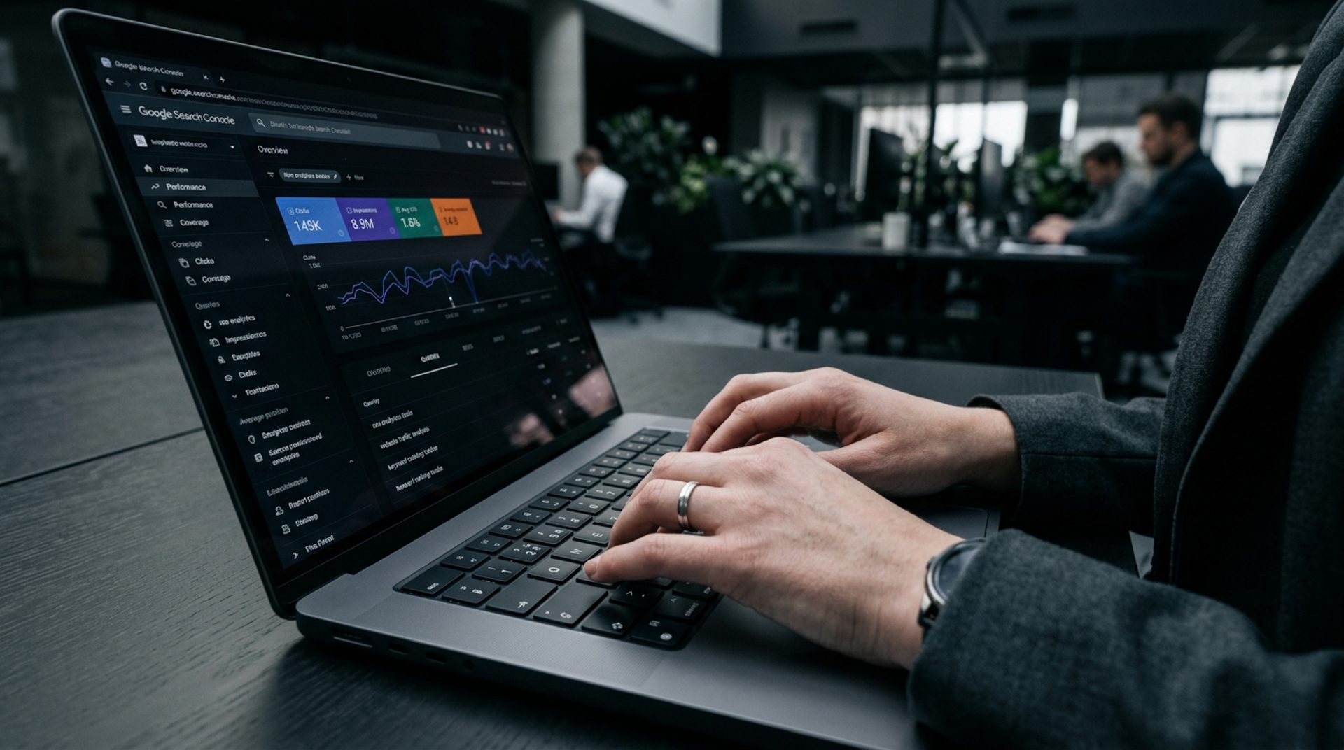 Manos tecleando en portátil con analytics SEO en pantalla