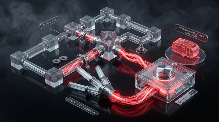 Una imagen conceptual abstracta en 3D que ilustra el proceso de analítica cross-domain, mostrando un sistema interconectado de tubos de vidrio transparentes, cubos cristalinos y cables de luz roja brillante que unifican el flujo de datos turísticos hacia una maqueta iluminada de una caravana.
