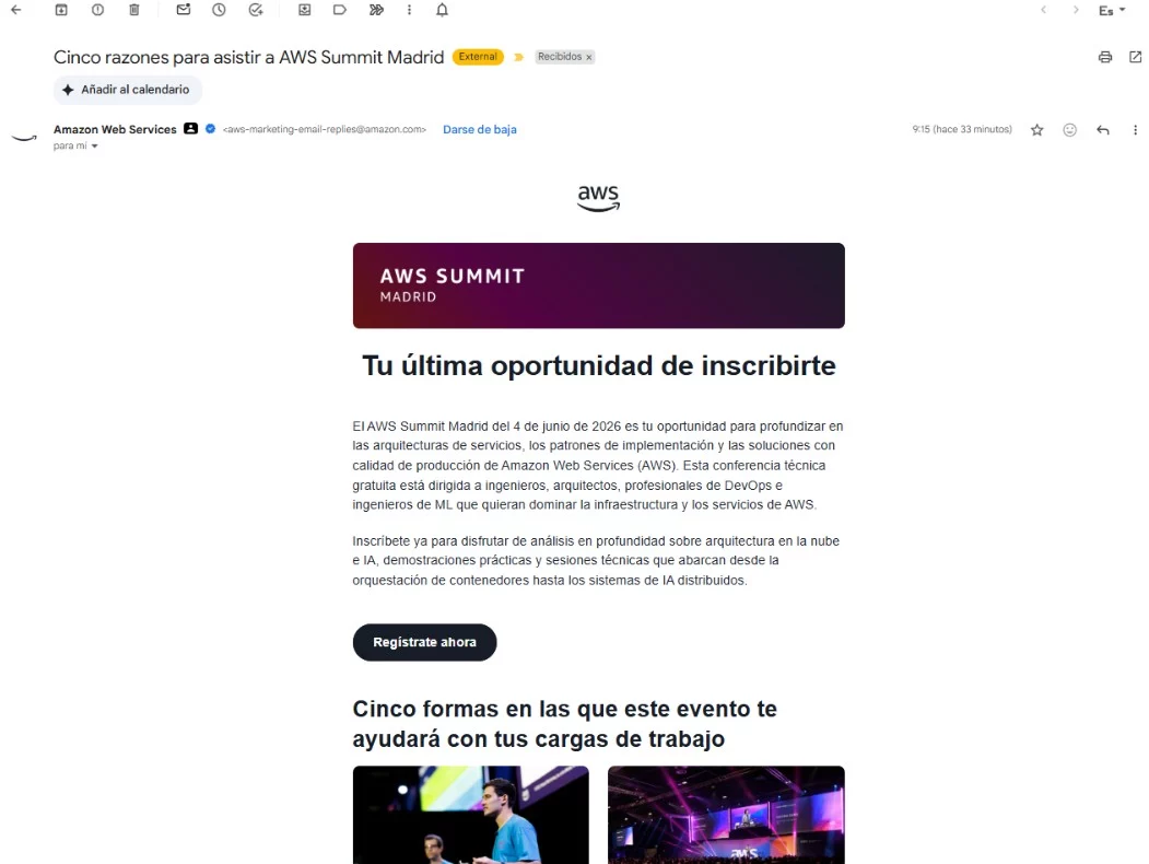 Email de nurturing de AWS Summit Madrid — ejemplo de seguimiento automatizado tras descarga de lead magnet