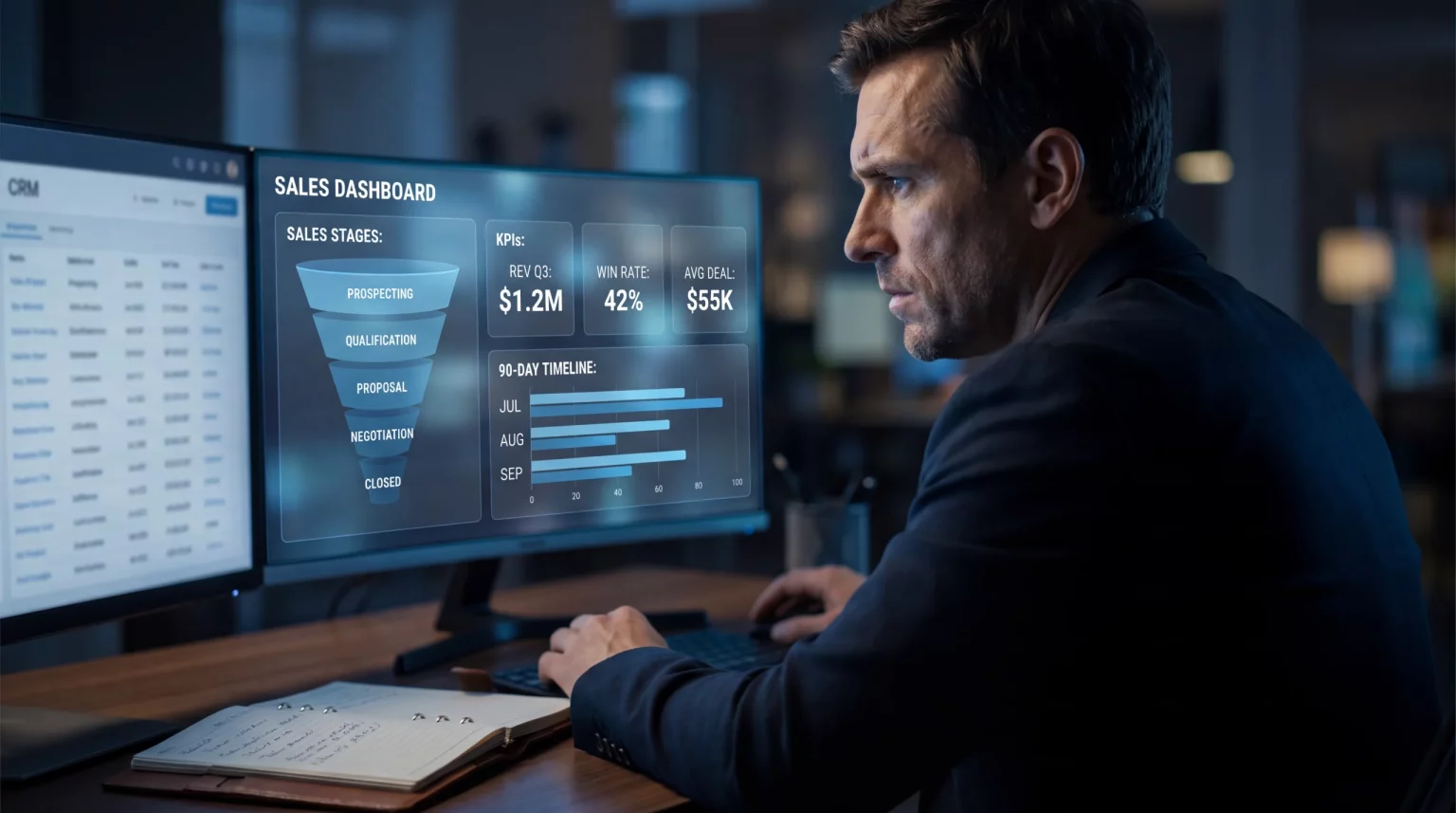 Profesional B2B revisando dashboard de pipeline comercial con etapas del funnel y timeline de 90 días en pantalla, oficina moderna con iluminación azul fría