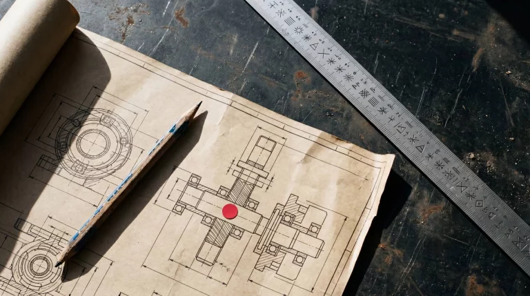 Plano técnico de ingeniería con regla de acero y marca roja precisa