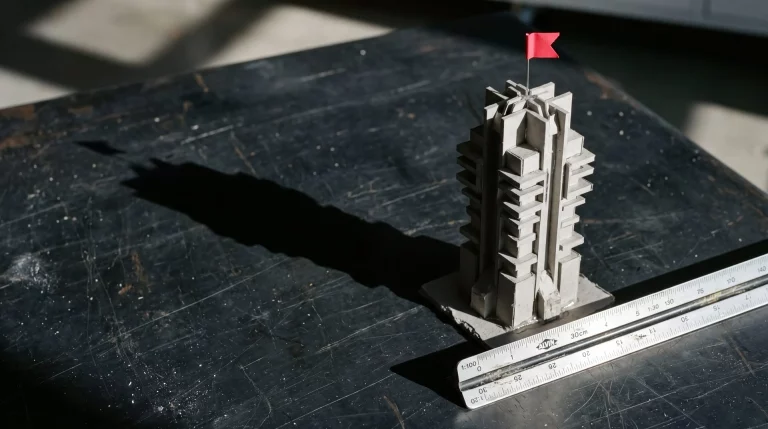 Maqueta arquitectónica brutalista con bandera roja en escala de medición