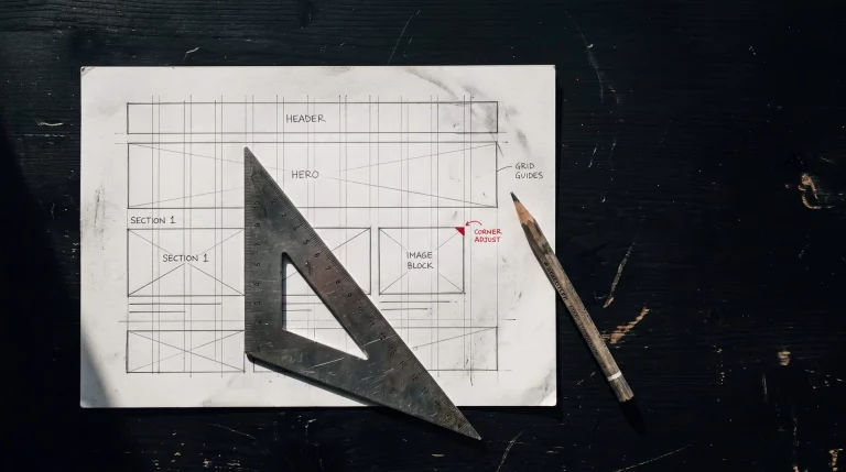 Wireframe impreso con escuadra de precisión y anotación roja