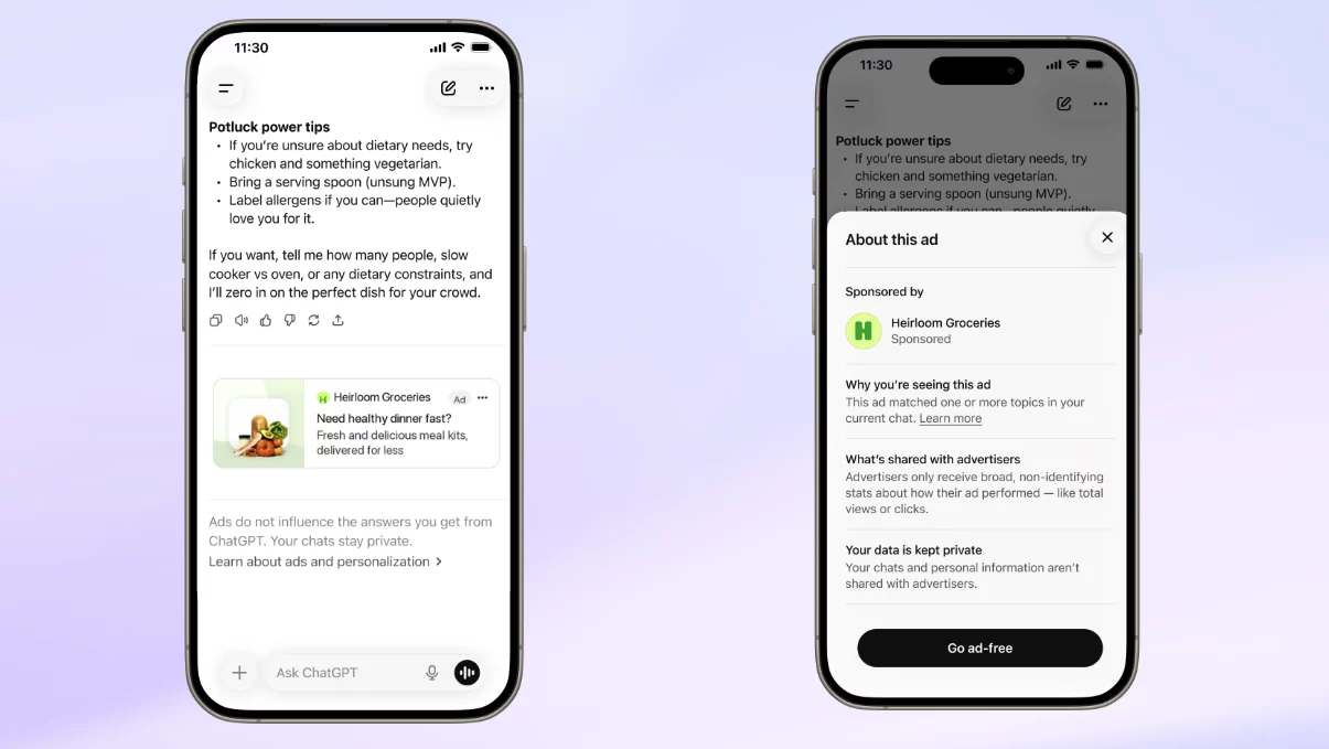 Dónde y cómo aparecen los anuncios en ChatGPT en móvil, debajo de la respuesta, y el panel de transparencia Sobre este anuncio
