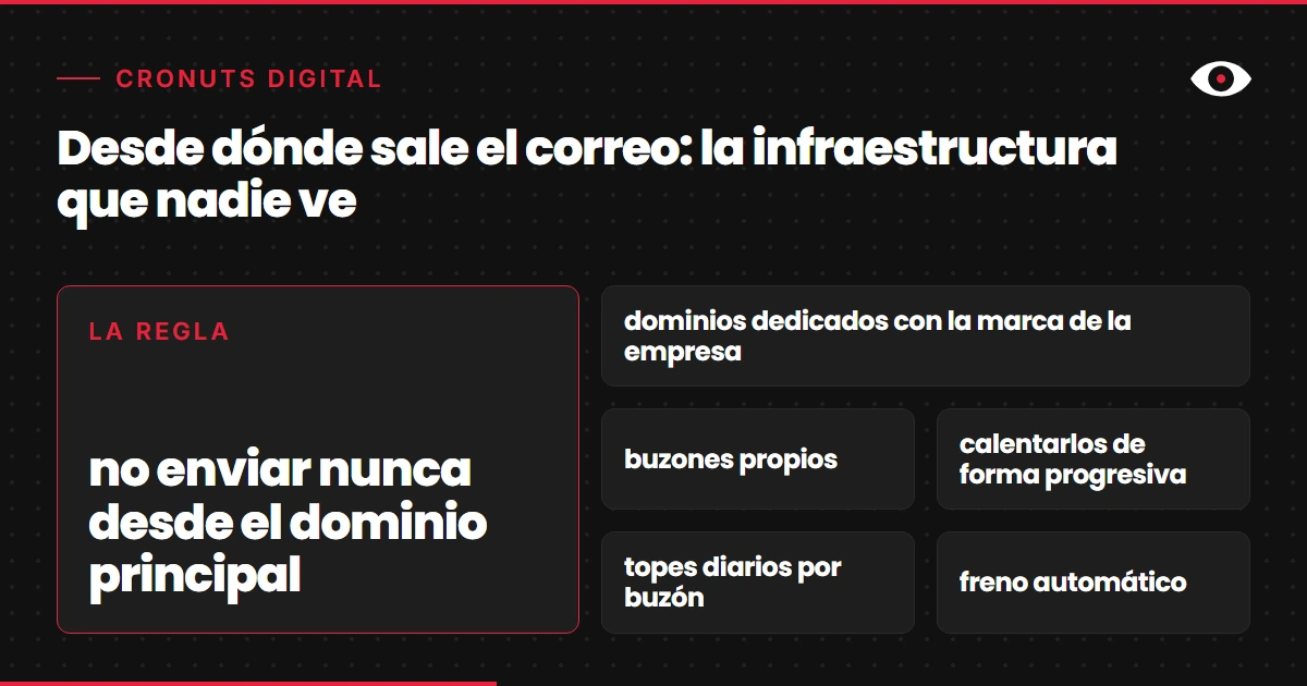 Esquema de la infraestructura de envío en outbound B2B: no enviar desde el dominio principal, dominios dedicados con la marca, buzones propios, calentamiento, topes diarios y freno automático.