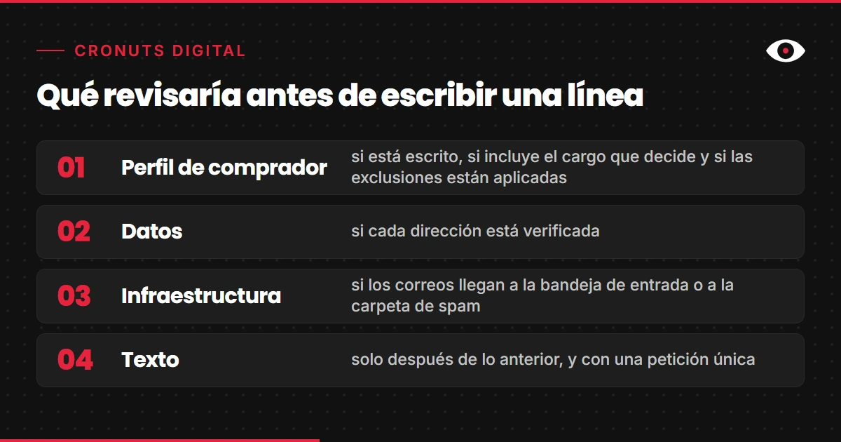Lista ordenada del diagnóstico de una secuencia que no responde: primero perfil de comprador, después datos, infraestructura y por último el texto, cada paso con su criterio de revisión.